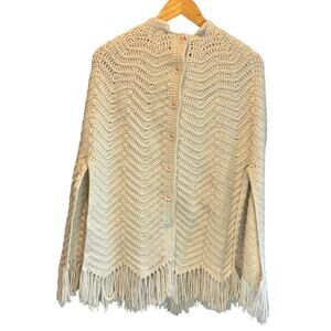 Hand Crocheted Cream Button Front Poncho Sweater - size Medium